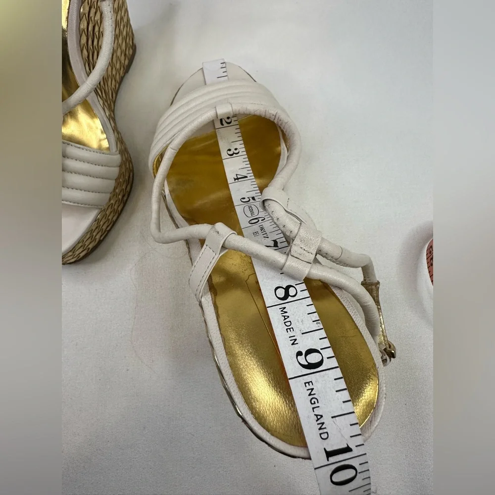 Coach Gold Woven Platform Wedge Sandals Size 8 Cream Leather Strappy